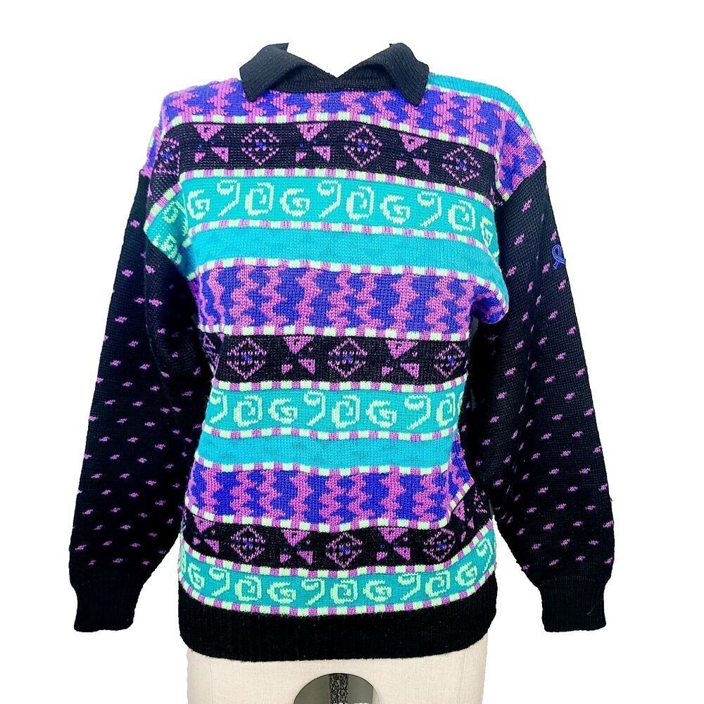 Vintage Demetre Ski Sweater S Black Fluorescent Multi Wool‎ Blend Knit Mock Neck